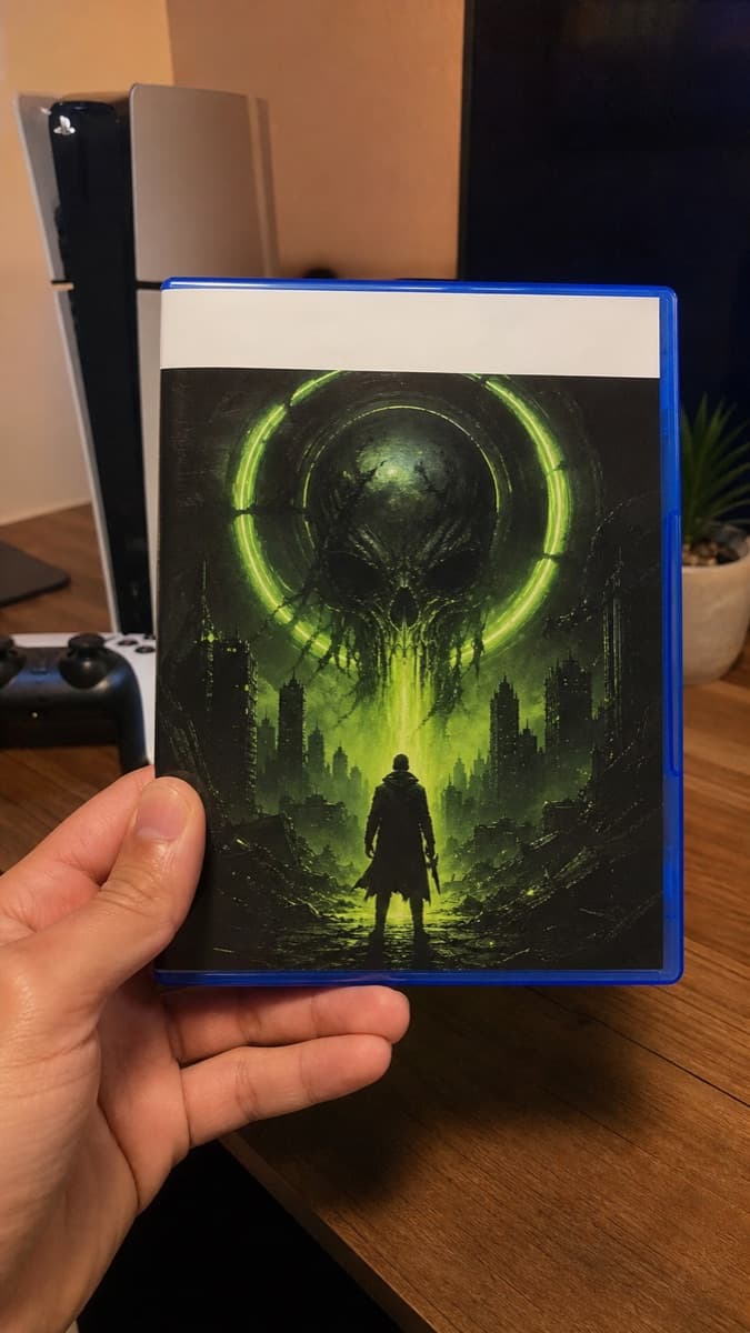 Staged customer-style photo of a game case held in hand