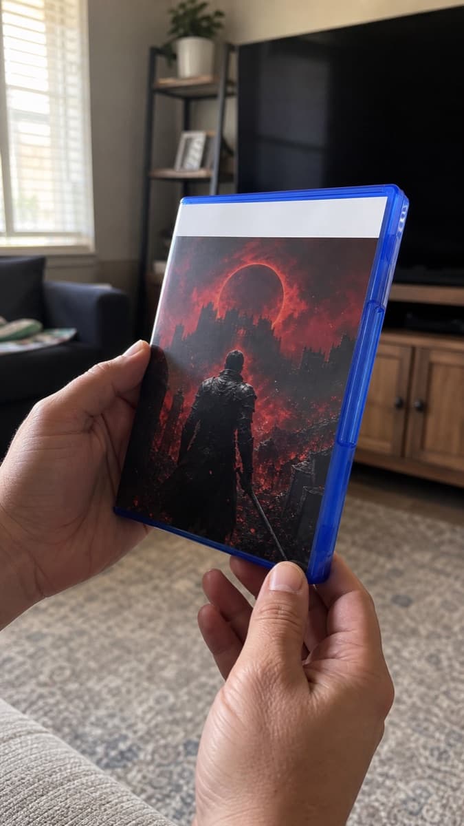 Staged customer-style photo of a game case held in hand